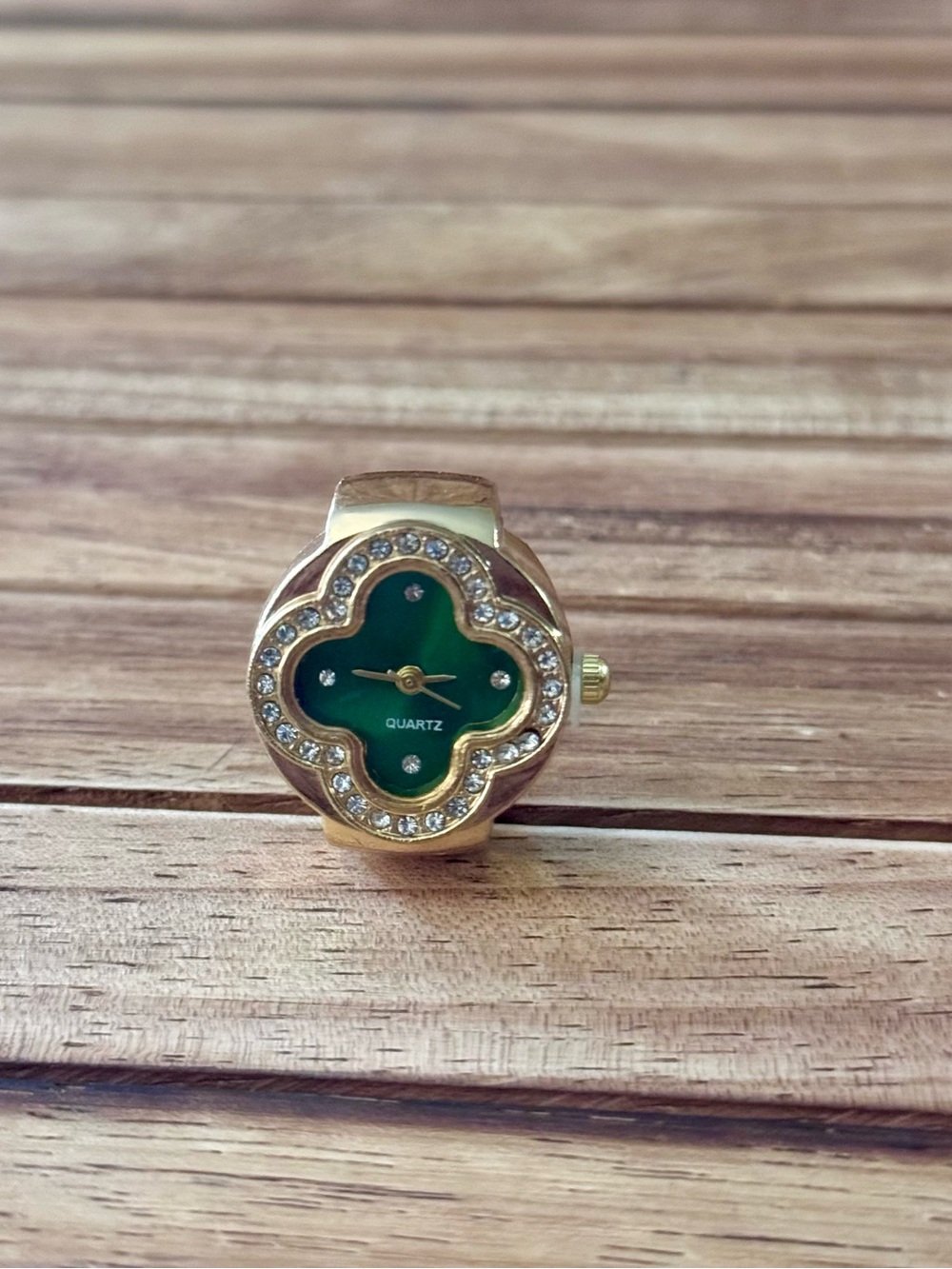 Gold Ring Watch with Green Dial and Crystal Accents